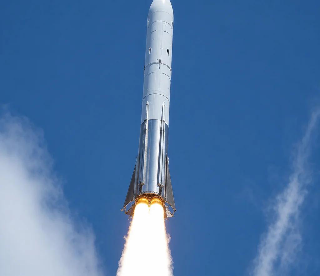 Rocket ascending through a blue sky — aerospace industry