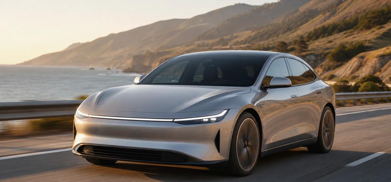 Modern car on a coastal road — automotive industry